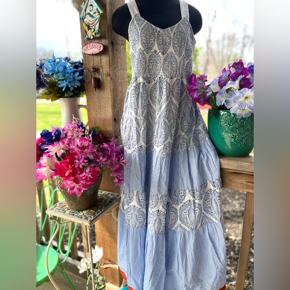 THML Dresses & Skirts - THML Prairie Sleeveless Blue Print Gathered Elastic Top Tiered Skirt Maxi Dress